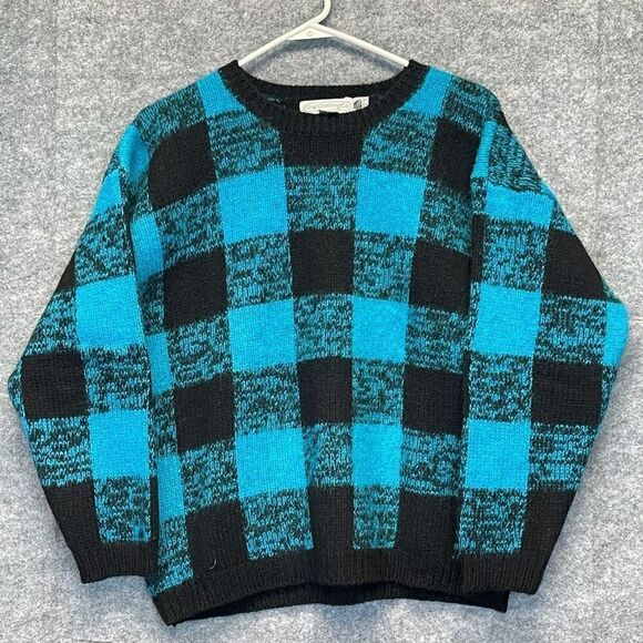 Vintage GAP Clothing Sweater Women's Medium Blue Black Check Thick Knit Wool - Picture 1 of 12